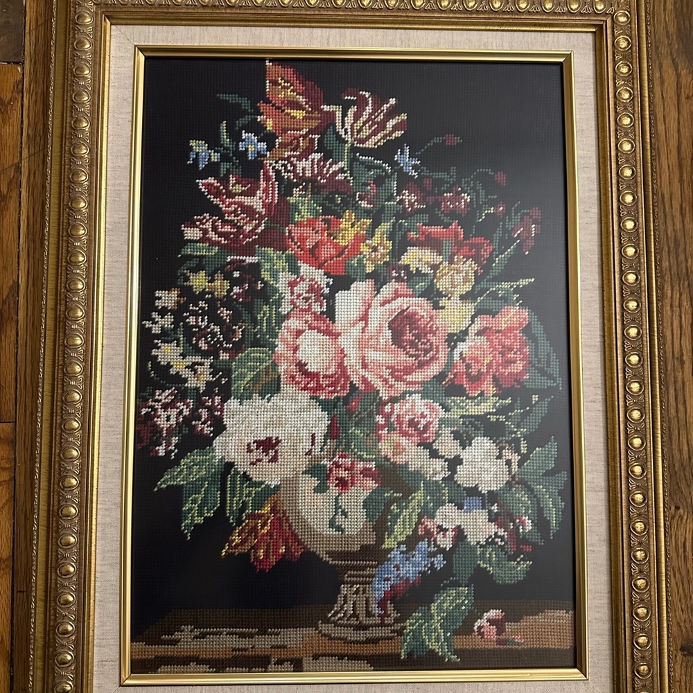 Floral Needlepoint Art in Ornate Frame